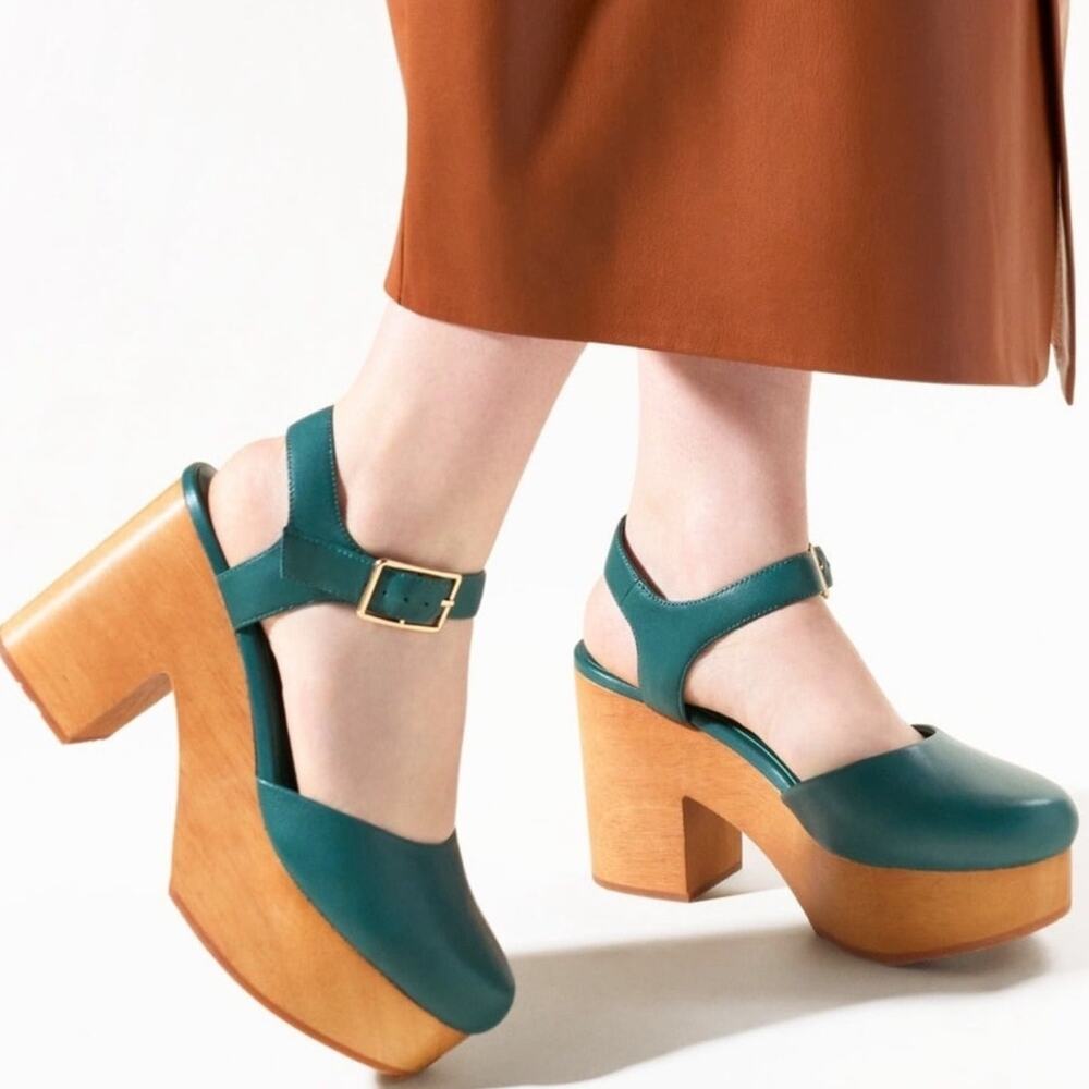 Charlotte Stone Sal Clogs Wood Platform Leather Teal Size 10